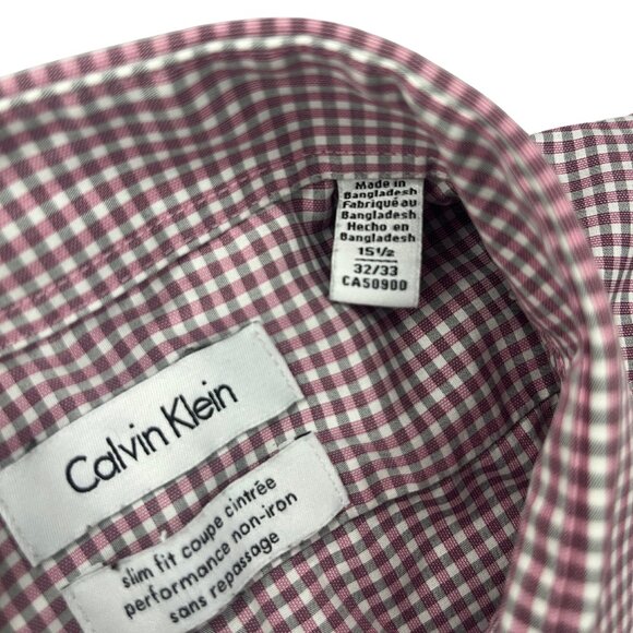 Calvin Klein Men's Button Down Shirt Sz M,15.5 32/33 Burgundy Checkered Non Iron - Picture 3 of 10